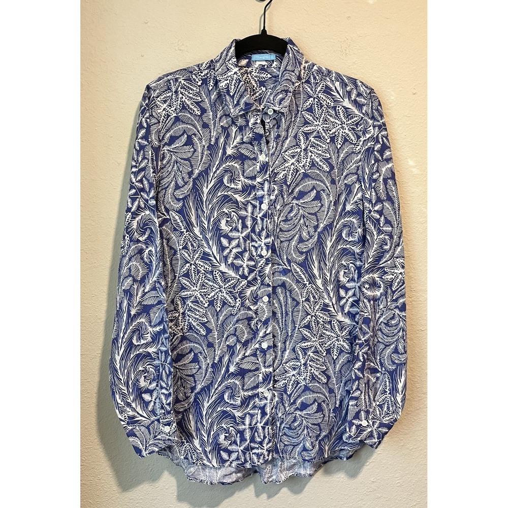 J. McLaughlin Womens Button Down Shirt Small 100% Linen Blue Floral Beachy Print